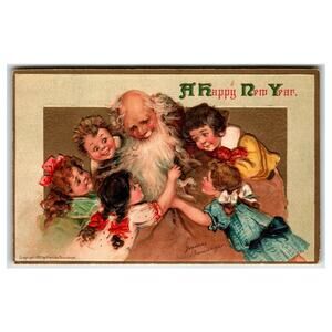 Vintage 1910 Frances Brundage New Year Postcard with Santa & Children